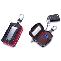 Genuine Leather Smart Car Key Case Chrome-plated Holder Black with Red Zipper