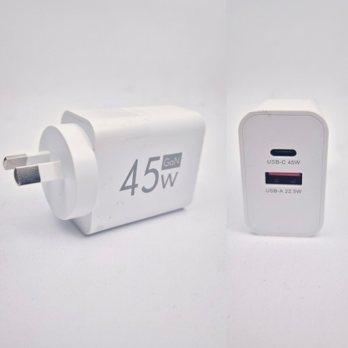 Power Plug GaN PD 45W Port and USB 22.5W port (SSA Certified) Power Plug GaN PD 45W Port and USB 22.5W port (SSA Certified)